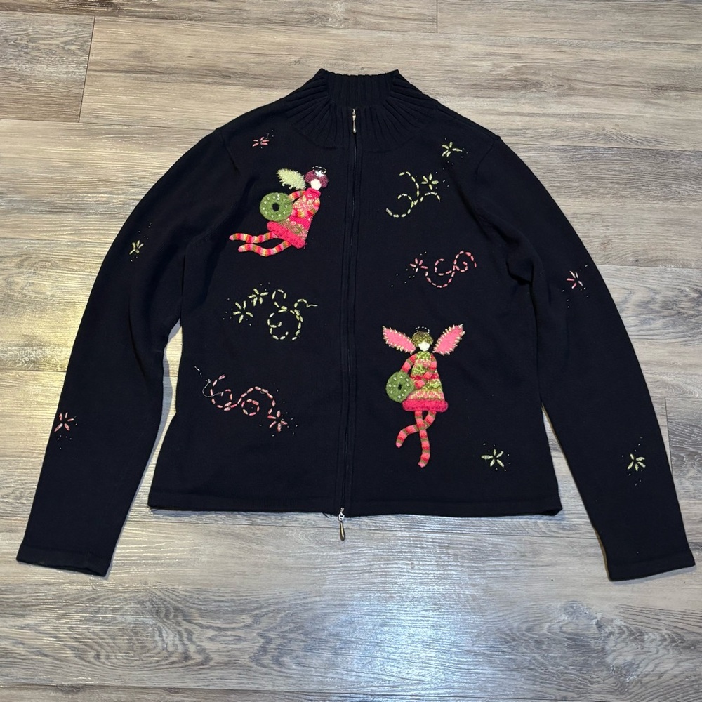 Talbots grannycore fairy core cotton black full zip knit sweater embroidered L